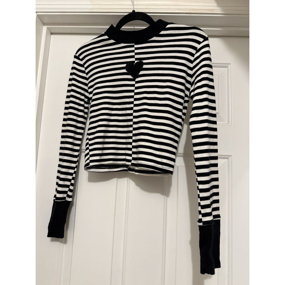 Hot Topic Black White Striped Heart Mock Neck Goth Punk Y2K Alternative SM
